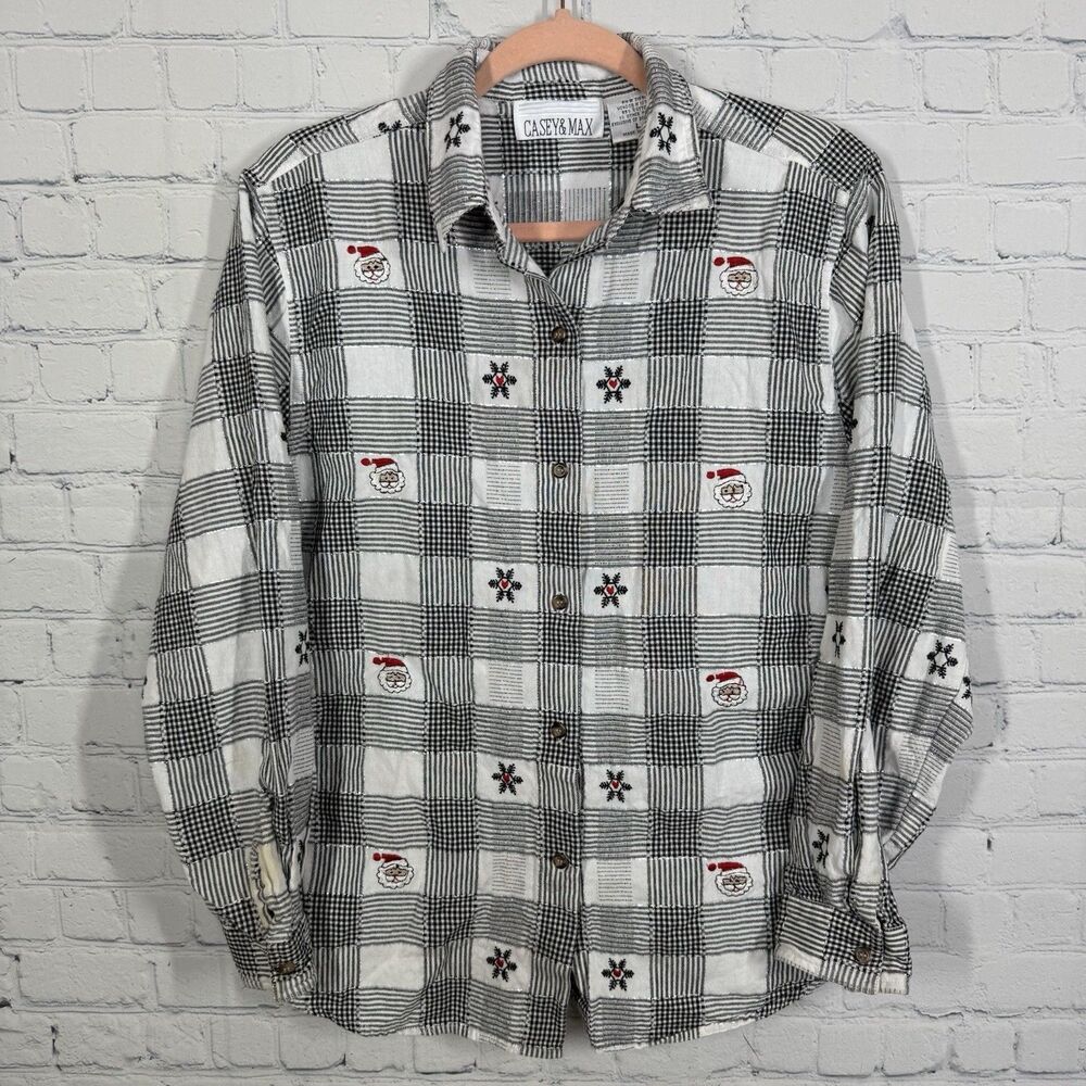 Christmas Plaid Button Shirt Women Large Cotton Embroider Western Holidays Top